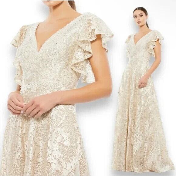 MAC DUGGAL 20310 Ivory Nude Embroidered Rhinestone Flutter Sleeve V-Neck Gown 16 - Picture 1 of 6